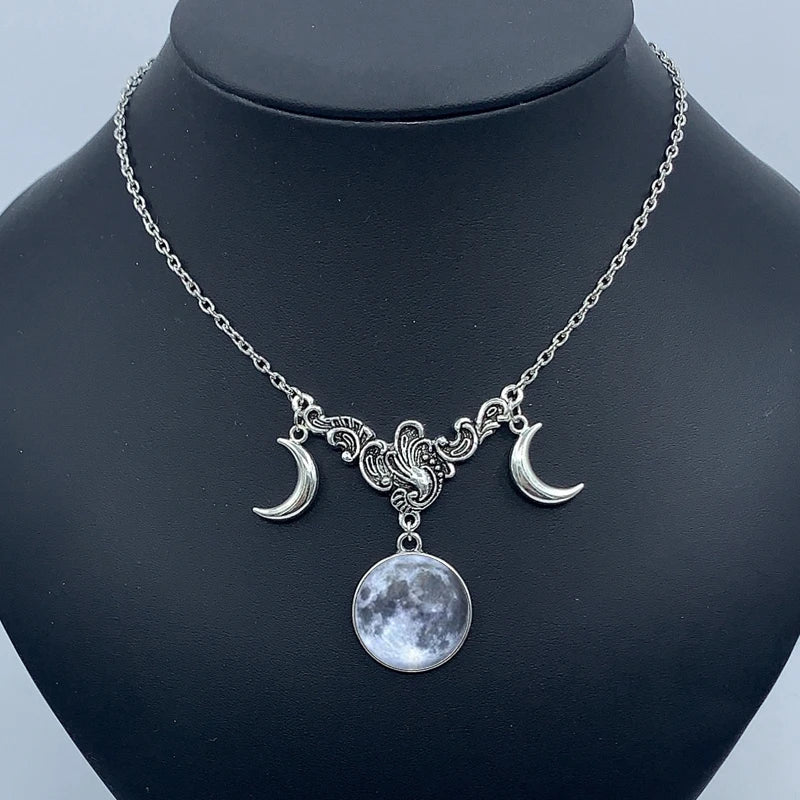 Crystal glass moon necklace, crescent pendant witch jewelry simple moon collar jewelry pagan wizard gift