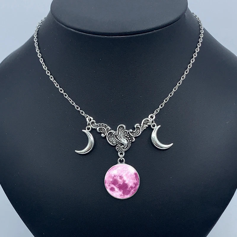 Crystal glass moon necklace, crescent pendant witch jewelry simple moon collar jewelry pagan wizard gift