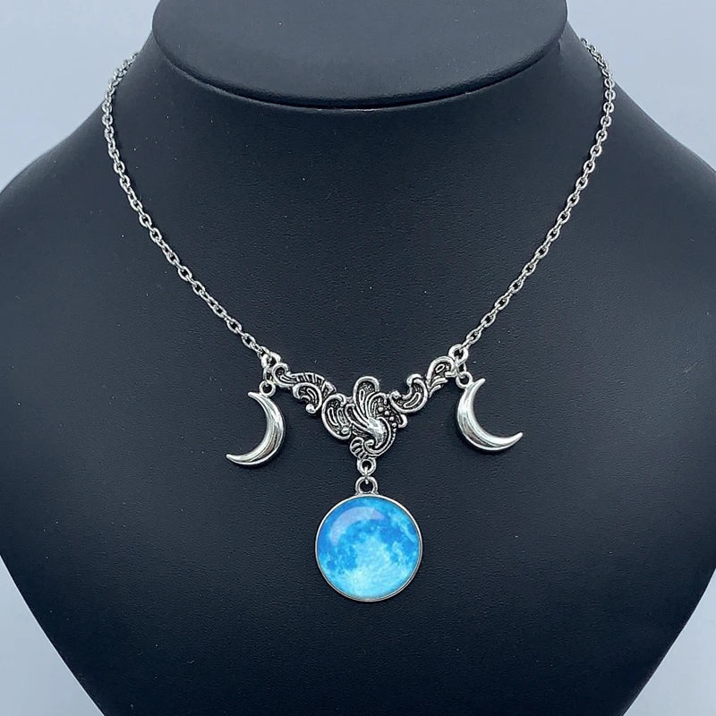 Crystal glass moon necklace, crescent pendant witch jewelry simple moon collar jewelry pagan wizard gift