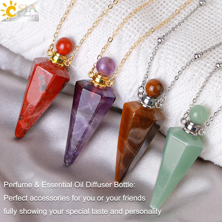 Crystal Perfume Necklace Natural Stone Cone Pendant Healing Clear Quartz Pendants Essentials Oil Diffuser Vial Necklaces H119