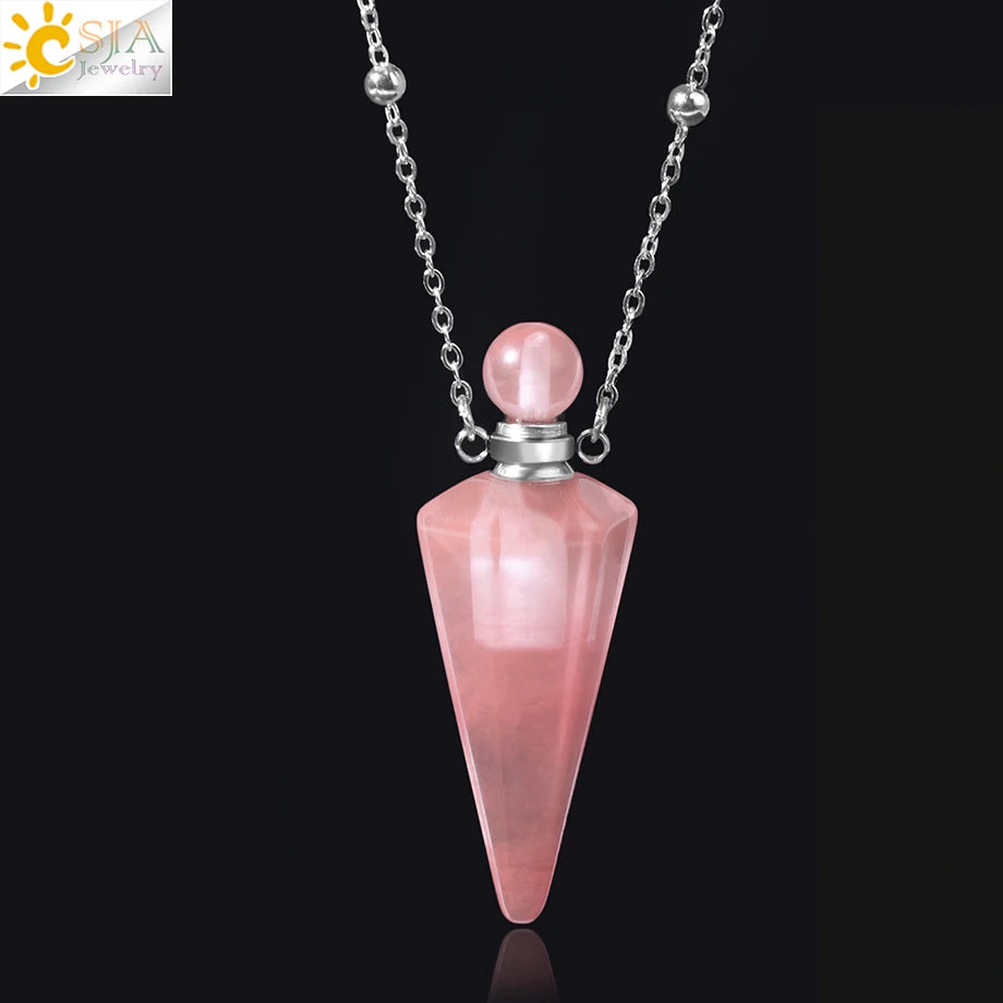 Crystal Perfume Necklace Natural Stone Cone Pendant Healing Clear Quartz Pendants Essentials Oil Diffuser Vial Necklaces H119