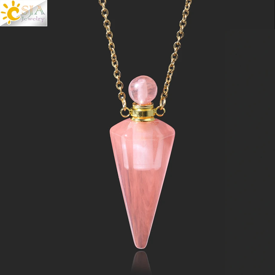 Crystal Perfume Necklace Natural Stone Cone Pendant Healing Clear Quartz Pendants Essentials Oil Diffuser Vial Necklaces H119