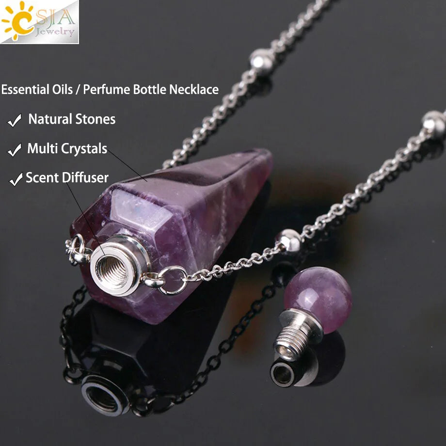 Crystal Perfume Necklace Natural Stone Cone Pendant Healing Clear Quartz Pendants Essentials Oil Diffuser Vial Necklaces H119