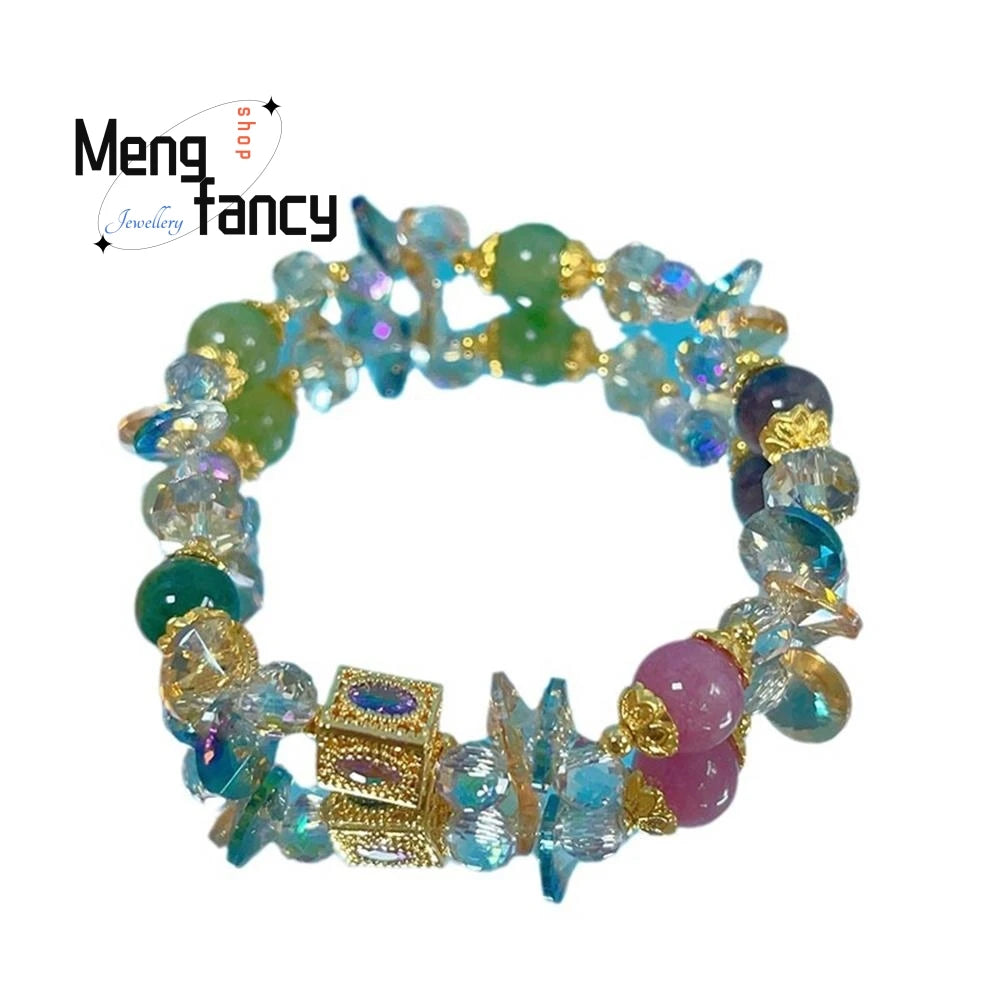 Natural Super Shiny Crystal Bracelet Simple Mori Fairy Style Beaded String Cross Candy Color Hand Luxury Fashion Popular Jewelry
