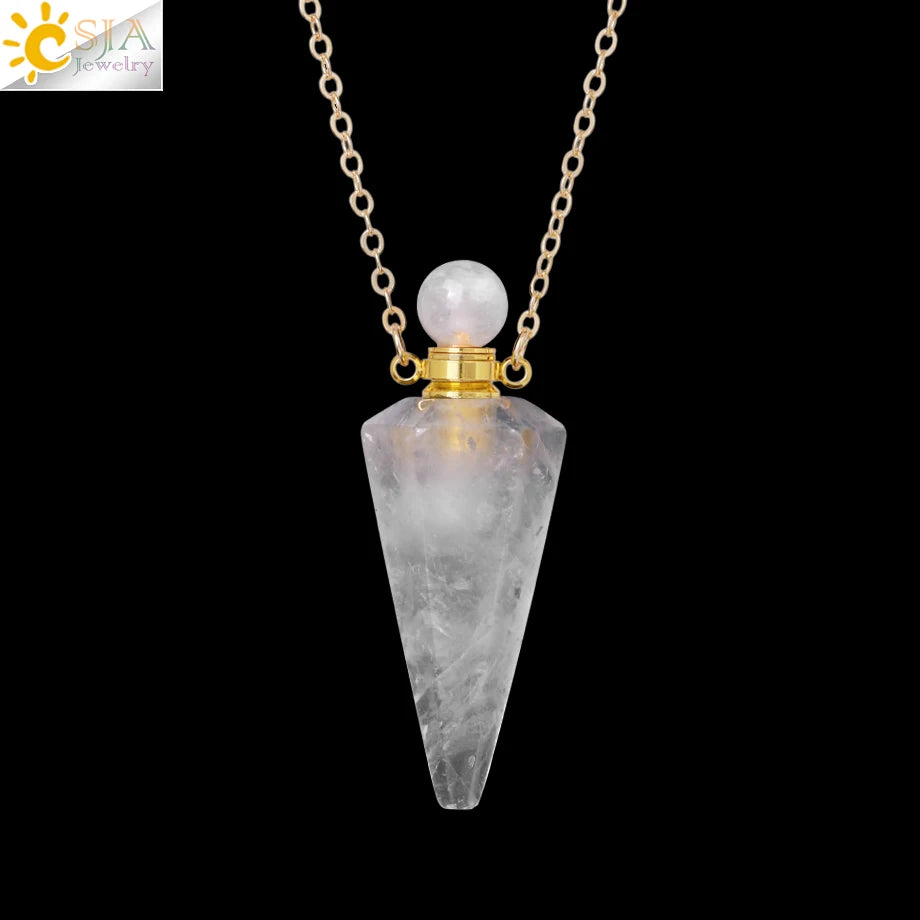 Crystal Perfume Necklace Natural Stone Cone Pendant Healing Clear Quartz Pendants Essentials Oil Diffuser Vial Necklaces H119