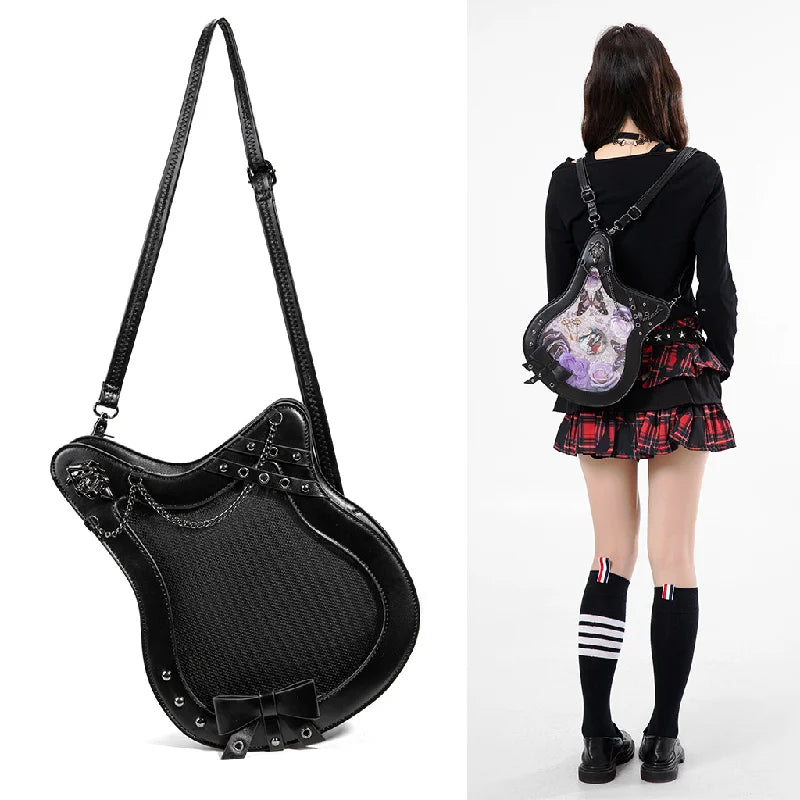 Gothic Guitar Shape Ita Bag with Clear Pin Window Vintage PU Leather Dark Punk Crossbody Bag for Anime Lovers