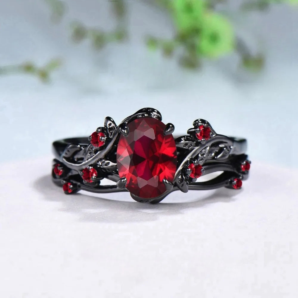 Gothic Retro Gun Black Rose Flower Crossing Branches Red Crystal Pair of Rings for Women Men Couple Charm Jewelry Accessory Gift