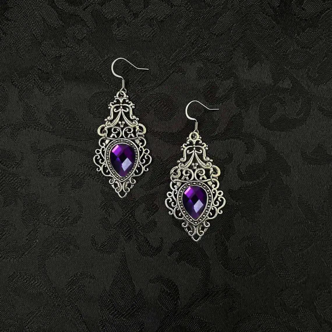 Gothic Victoria Sliver Color Celtic Filigree Scroll Imitation Gemstone Pendant Dangle Earrings for Women Bride Wedding Jewelry