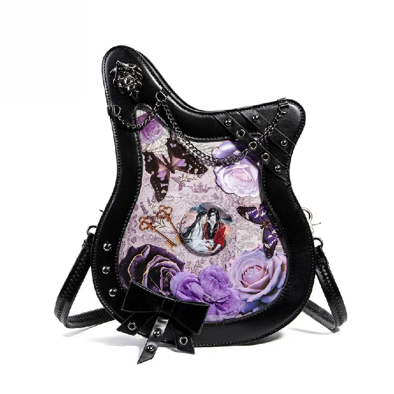 Gothic Guitar Shape Ita Bag with Clear Pin Window Vintage PU Leather Dark Punk Crossbody Bag for Anime Lovers