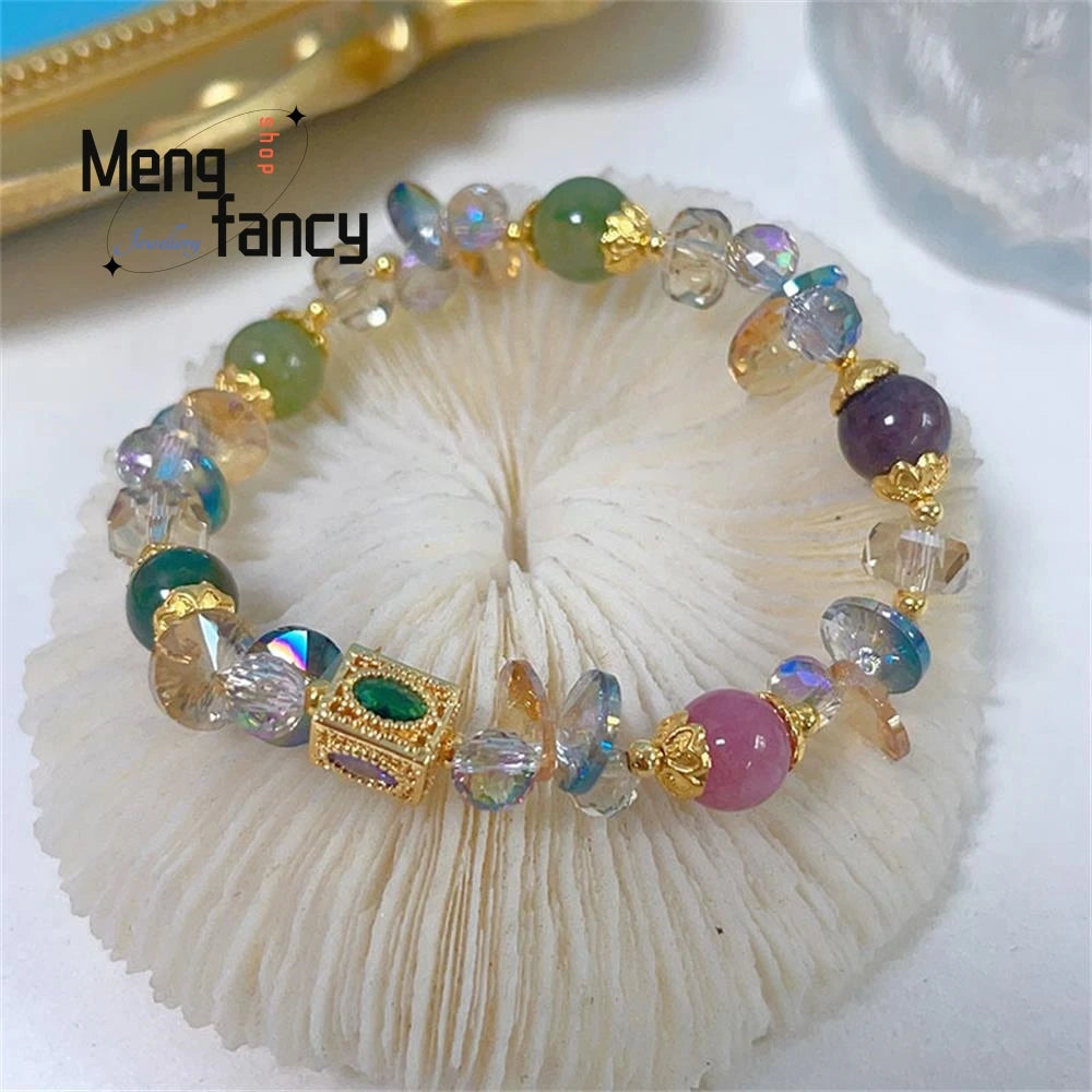 Natural Super Shiny Crystal Bracelet Simple Mori Fairy Style Beaded String Cross Candy Color Hand Luxury Fashion Popular Jewelry