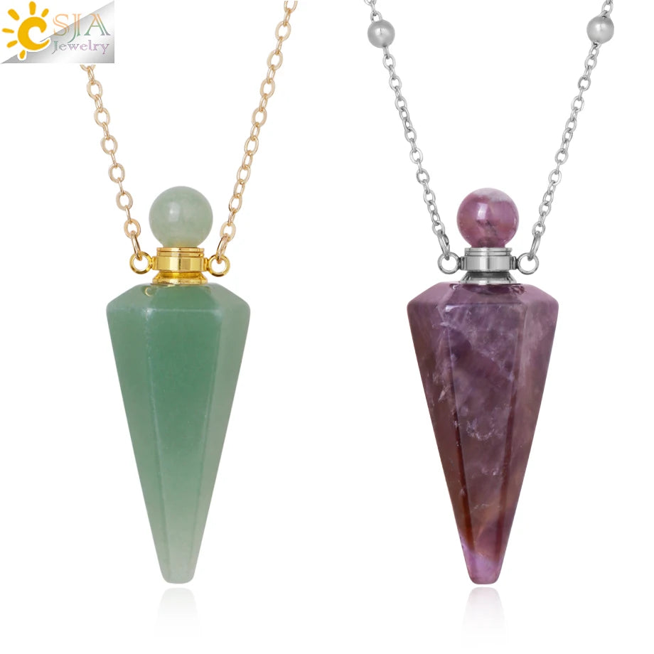 Crystal Perfume Necklace Natural Stone Cone Pendant Healing Clear Quartz Pendants Essentials Oil Diffuser Vial Necklaces H119