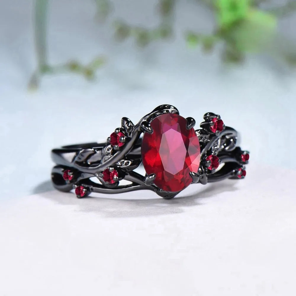 Gothic Retro Gun Black Rose Flower Crossing Branches Red Crystal Pair of Rings for Women Men Couple Charm Jewelry Accessory Gift