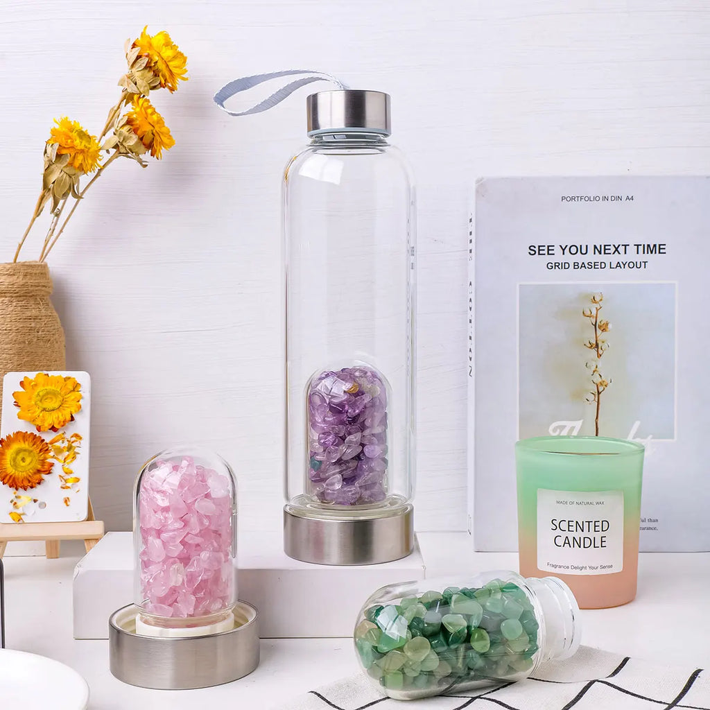 Crystal clear water bottles with magnificent quartz crystals infused