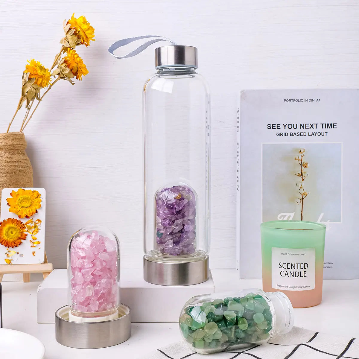 Crystal clear water bottles with magnificent quartz crystals infused