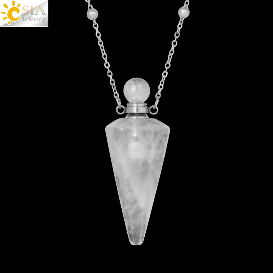 Crystal Perfume Necklace Natural Stone Cone Pendant Healing Clear Quartz Pendants Essentials Oil Diffuser Vial Necklaces H119