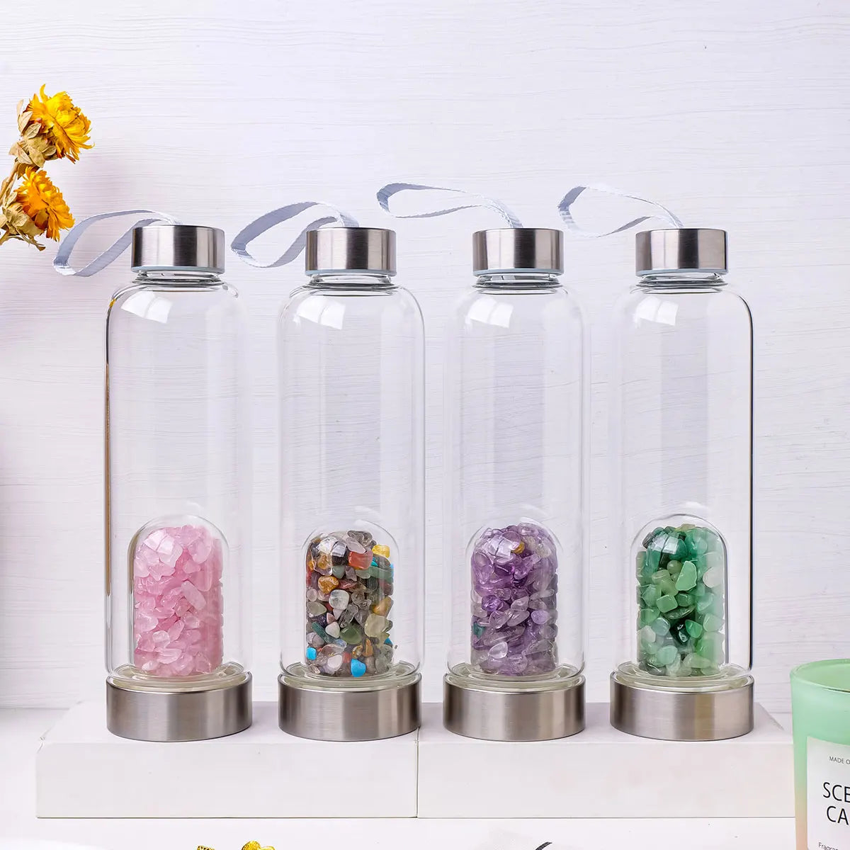 Crystal clear water bottles with magnificent quartz crystals infused