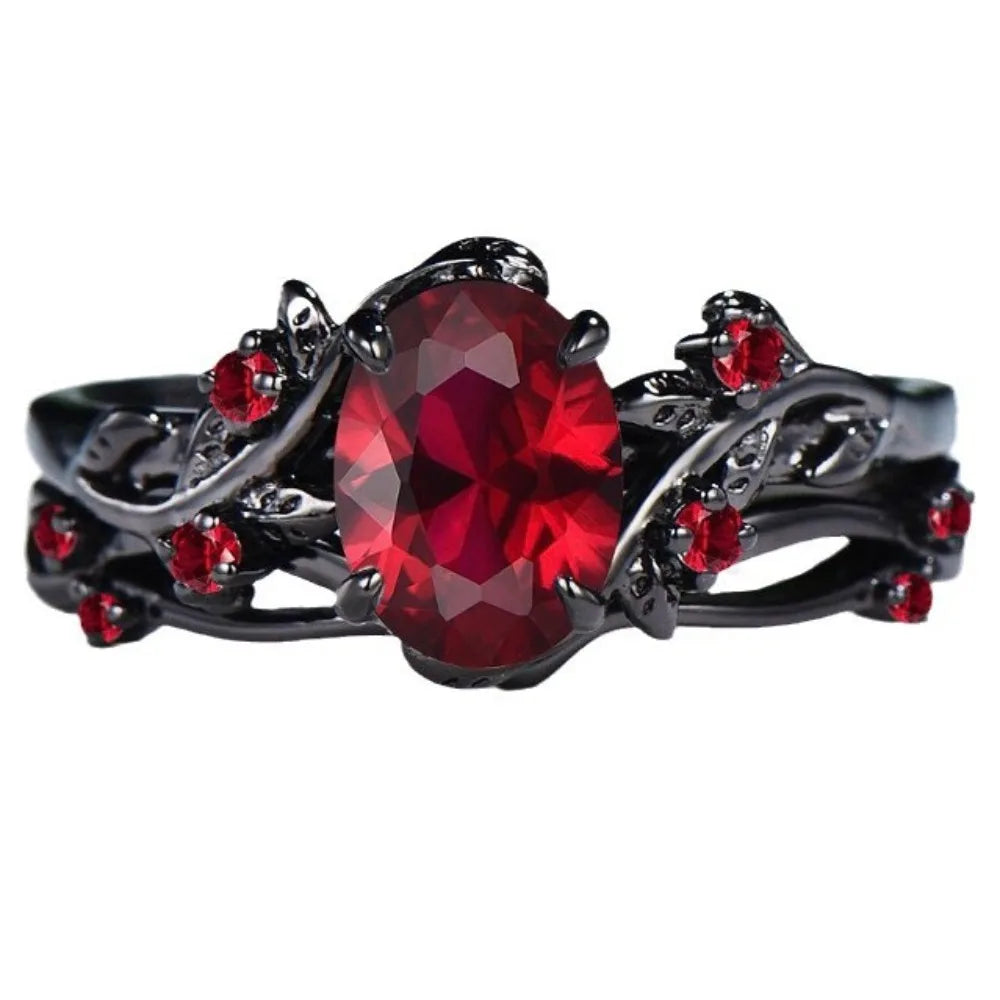 Gothic Retro Gun Black Rose Flower Crossing Branches Red Crystal Pair of Rings for Women Men Couple Charm Jewelry Accessory Gift