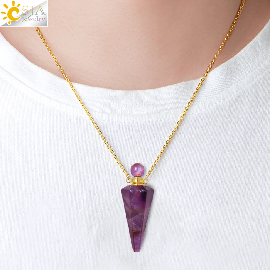 Crystal Perfume Necklace Natural Stone Cone Pendant Healing Clear Quartz Pendants Essentials Oil Diffuser Vial Necklaces H119
