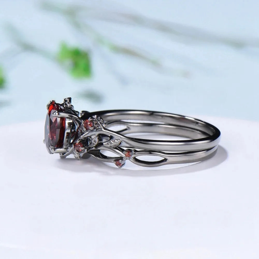 Gothic Retro Gun Black Rose Flower Crossing Branches Red Crystal Pair of Rings for Women Men Couple Charm Jewelry Accessory Gift