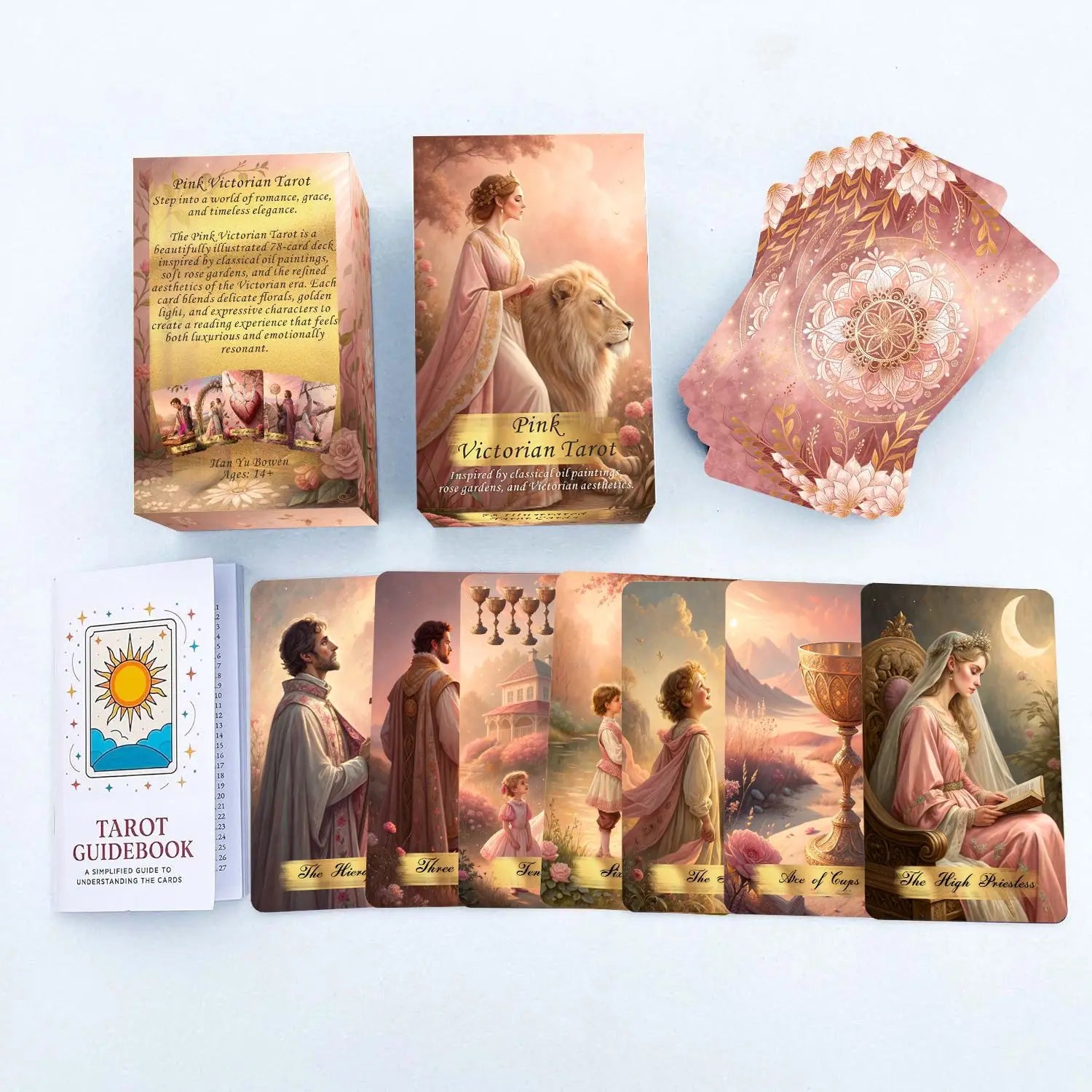 Pink Victorian Tarot Cards Deck with Guidebook, 78Pcs Classic Oil Painting Rose Garden Tarot Deck for Beginners