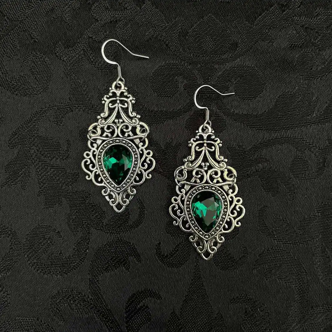 Gothic Victoria Sliver Color Celtic Filigree Scroll Imitation Gemstone Pendant Dangle Earrings for Women Bride Wedding Jewelry