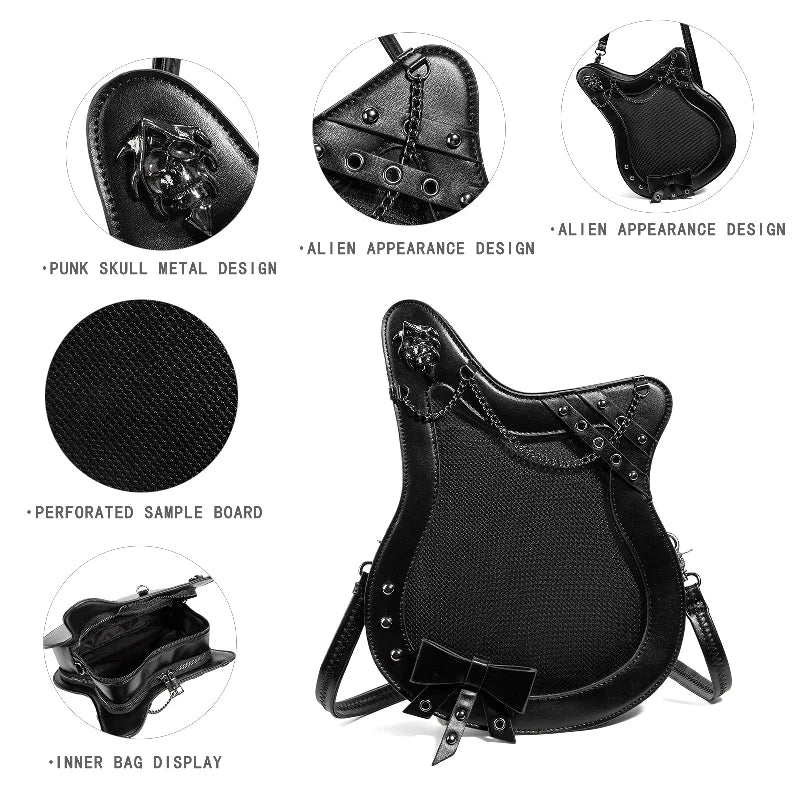 Gothic Guitar Shape Ita Bag with Clear Pin Window Vintage PU Leather Dark Punk Crossbody Bag for Anime Lovers