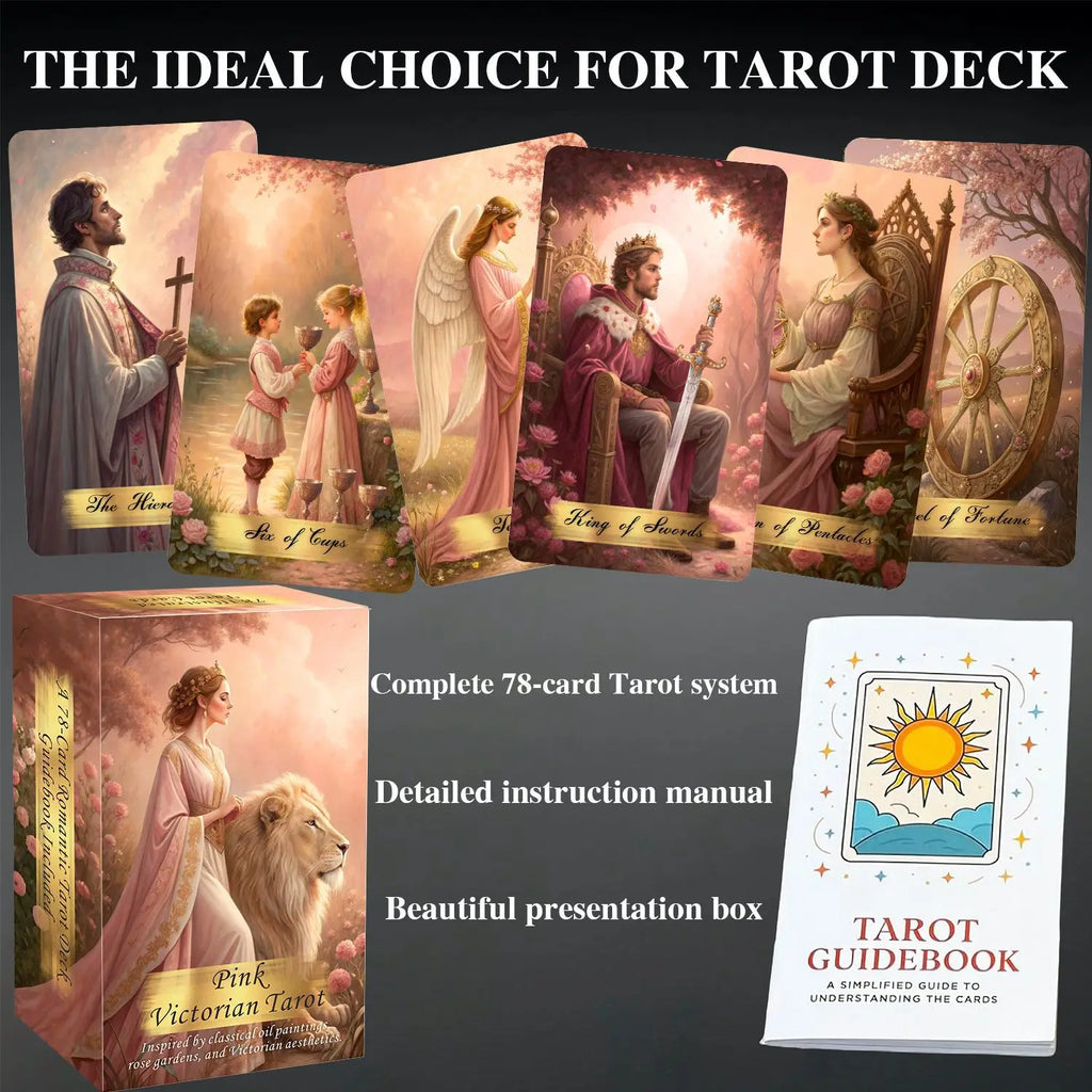 Pink Victorian Tarot Cards Deck with Guidebook, 78Pcs Classic Oil Painting Rose Garden Tarot Deck for Beginners