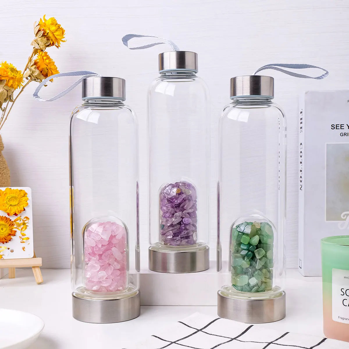 Crystal clear water bottles with magnificent quartz crystals infused