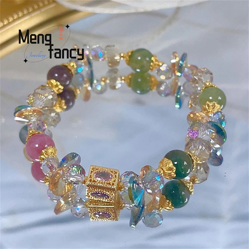 Natural Super Shiny Crystal Bracelet Simple Mori Fairy Style Beaded String Cross Candy Color Hand Luxury Fashion Popular Jewelry