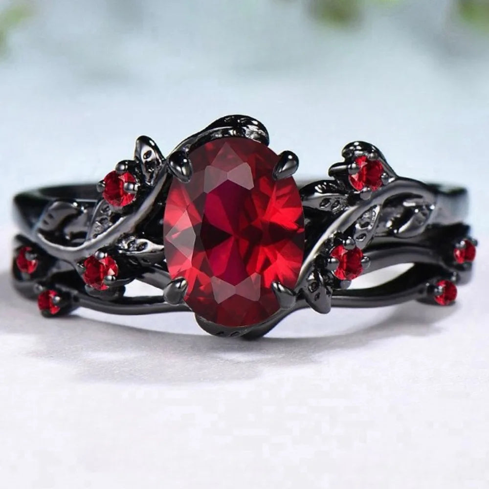 Gothic Retro Gun Black Rose Flower Crossing Branches Red Crystal Pair of Rings for Women Men Couple Charm Jewelry Accessory Gift