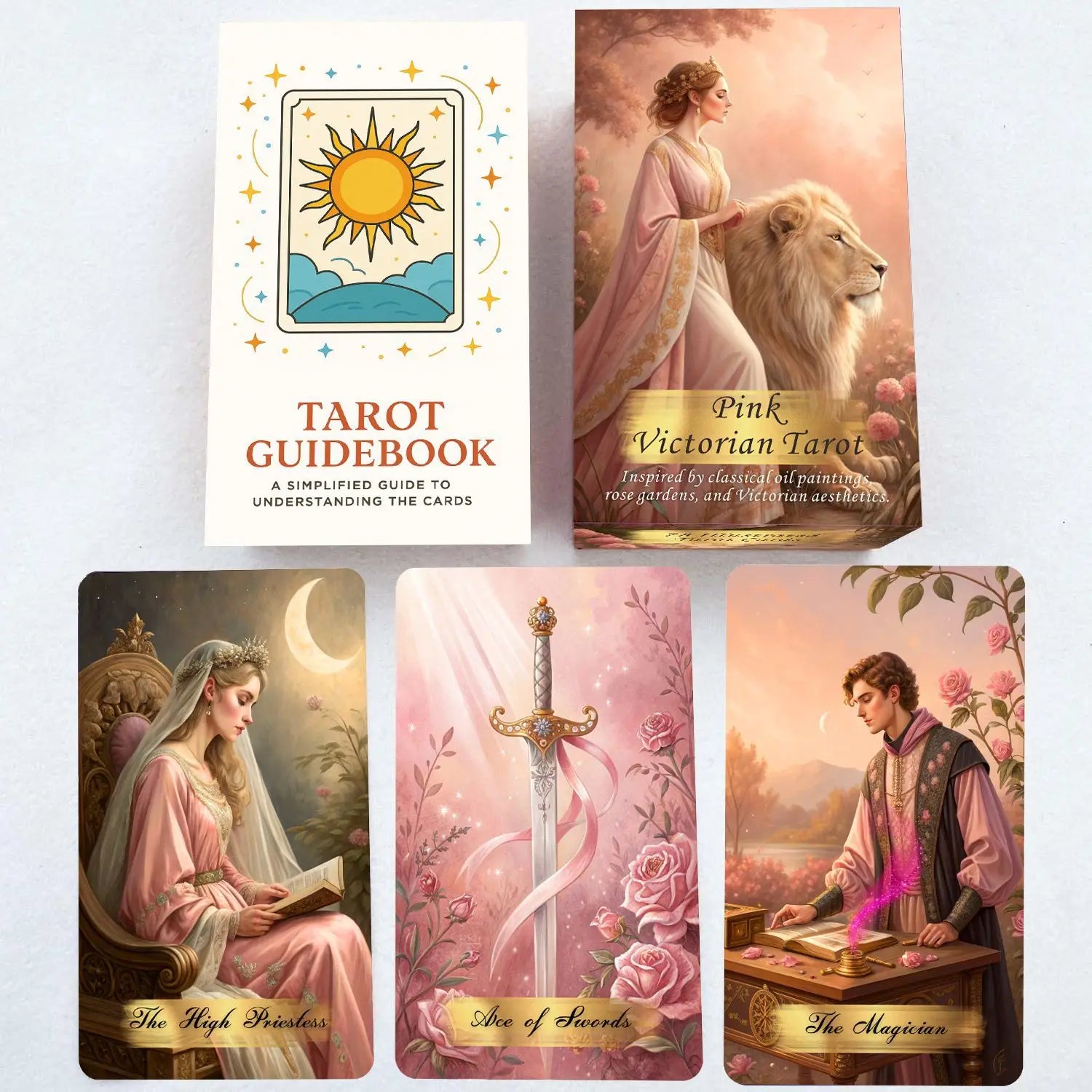 Pink Victorian Tarot Cards Deck with Guidebook, 78Pcs Classic Oil Painting Rose Garden Tarot Deck for Beginners