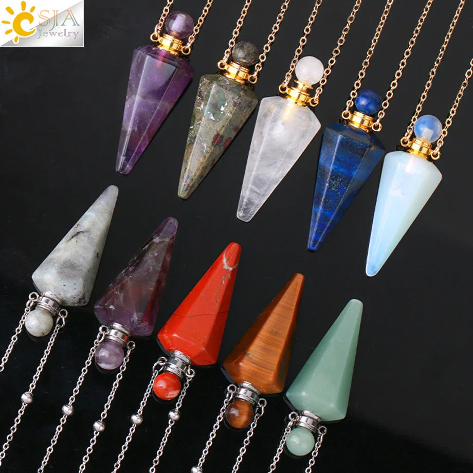 Crystal Perfume Necklace Natural Stone Cone Pendant Healing Clear Quartz Pendants Essentials Oil Diffuser Vial Necklaces H119