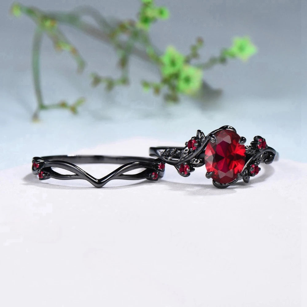 Gothic Retro Gun Black Rose Flower Crossing Branches Red Crystal Pair of Rings for Women Men Couple Charm Jewelry Accessory Gift