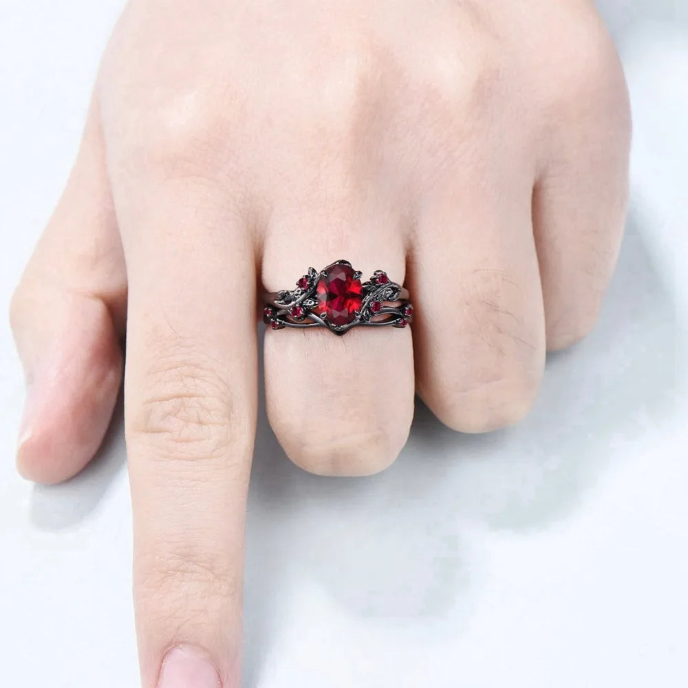 Gothic Retro Gun Black Rose Flower Crossing Branches Red Crystal Pair of Rings for Women Men Couple Charm Jewelry Accessory Gift