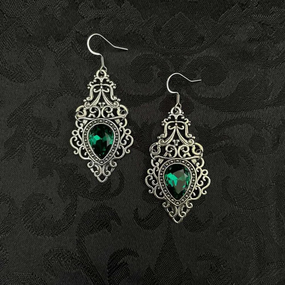 Gothic Victoria Sliver Color Celtic Filigree Scroll Imitation Gemstone Pendant Dangle Earrings for Women Bride Wedding Jewelry